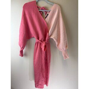 NWT Theenkoln Women's Long Two Tone Pink Belted Sweater Dress Size Medium